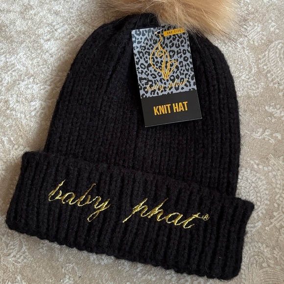 Brand New Baby Phat Black Knit Faux Fur Pom Hat Gold Metallic Embroidery Cuffed main image 4